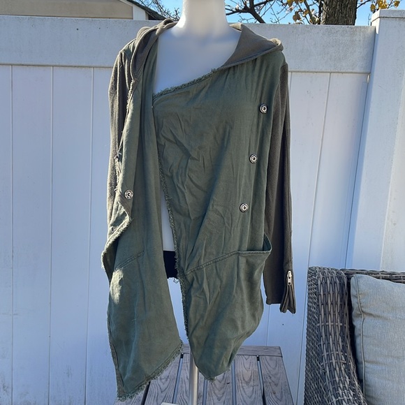 Free People Asymmetrical Snap Button Hoodie Olive Green Linen Blend Size S - Picture 4 of 12